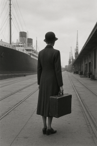 Image of a woman at London dock in 1930s, generated by ChatGPT